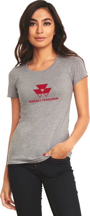 a woman wearing a Massey Ferguson branded shirt