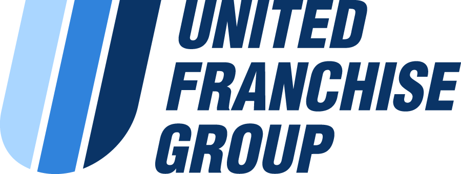 Logo of United Franchise Group featuring stylized letters and three vertical stripes.