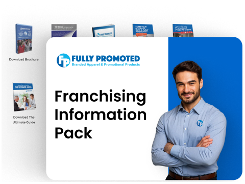 franchising-information-pack-edit Promotional magazine cover titled "Fully Promoted" featuring images of branded products, marketing services, and a graphical network design. Text reads, "Are you fully promoted?.