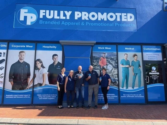 a group wearing branded apparel